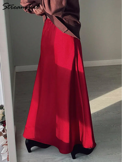 Women’s Long Satin Maxi Skirt – Luxury Shiny High Waist Straight Fit Elegant Skirt for Spring Summer Casual Fashion