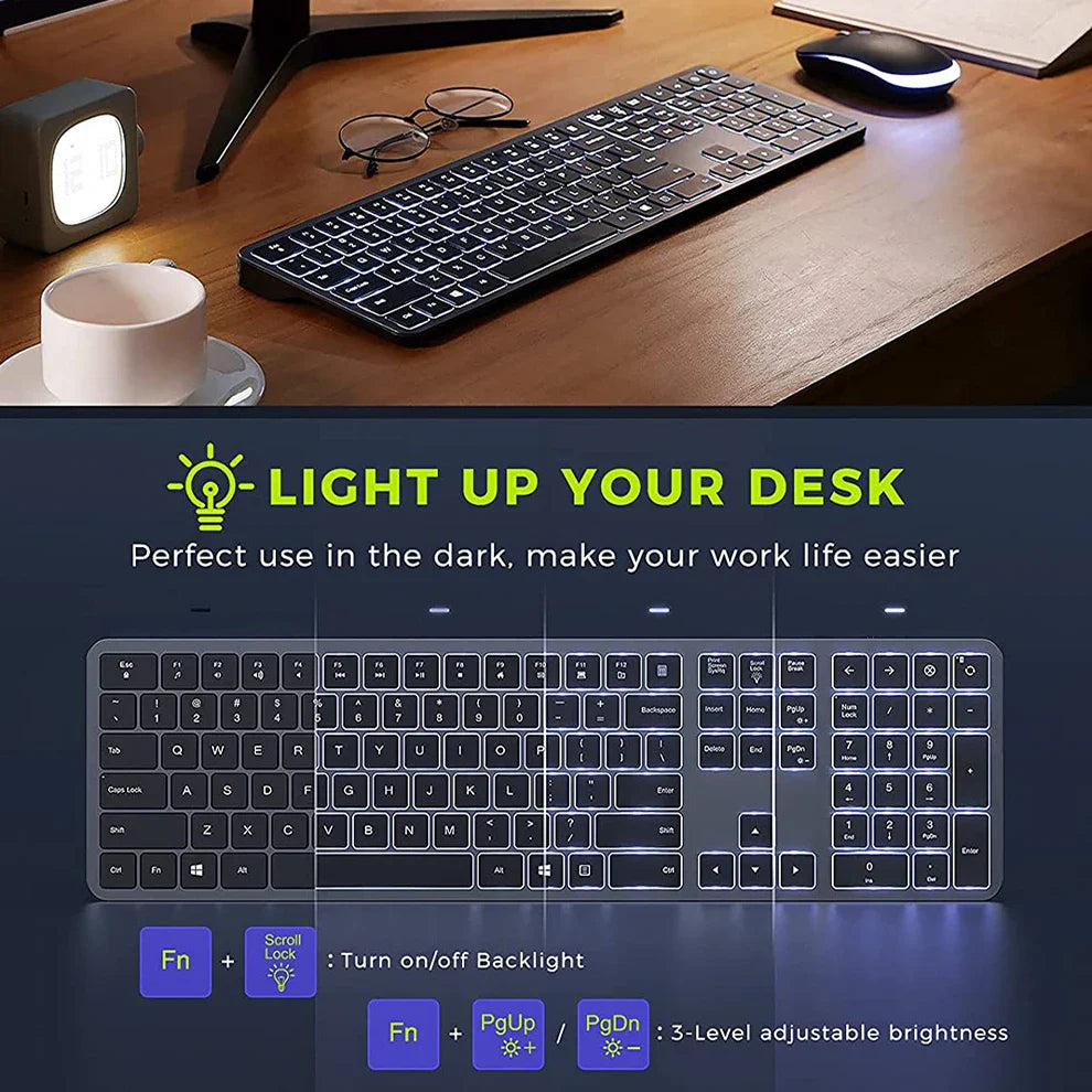 Backlit Wireless Keyboard and Mouse Combo – 2.4G USB Rechargeable Silent Full-Size Slim Set