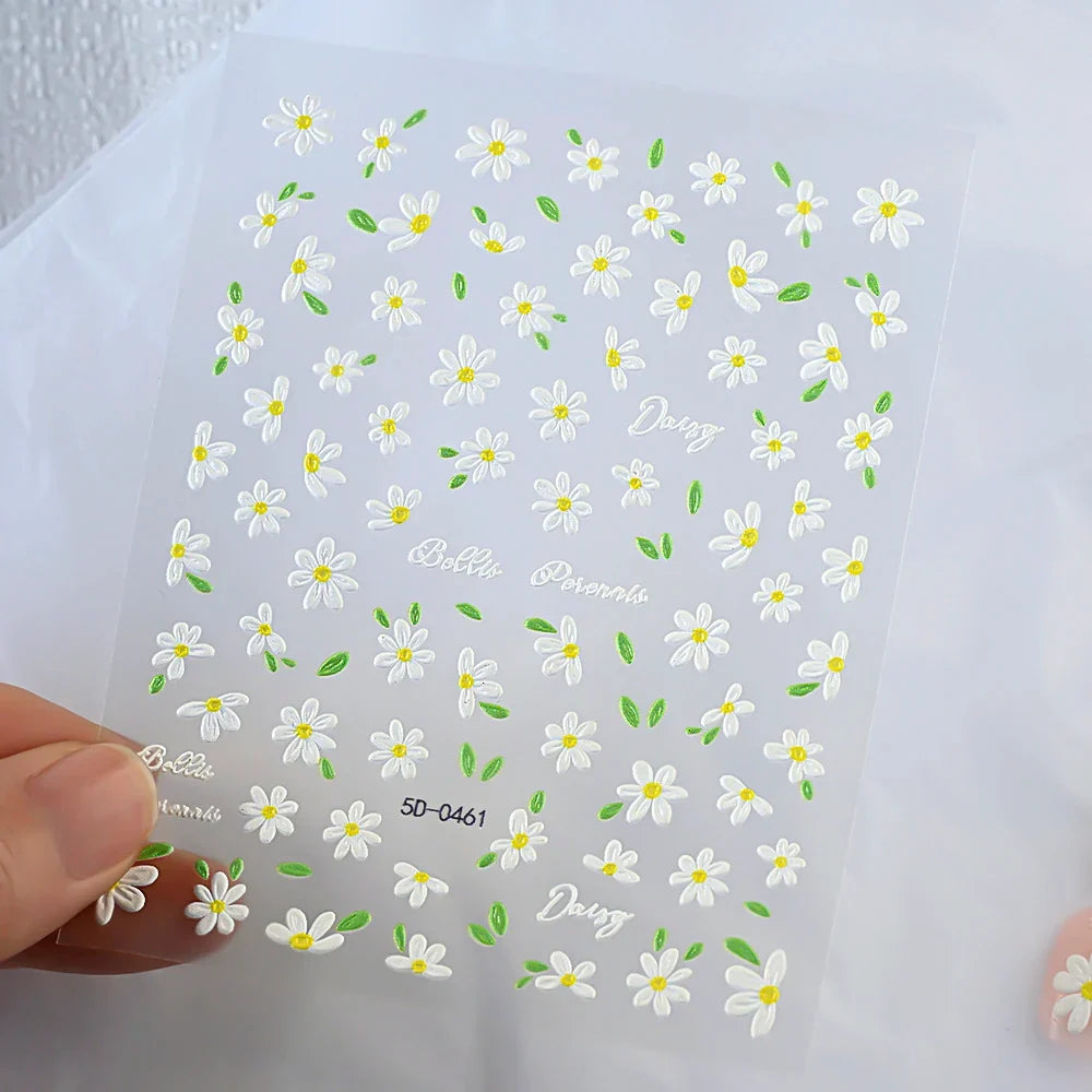 5D Daisy Nail Art Stickers - White Flower & Green Leaf Embossed Decals for DIY Spring Summer Nail Decoration