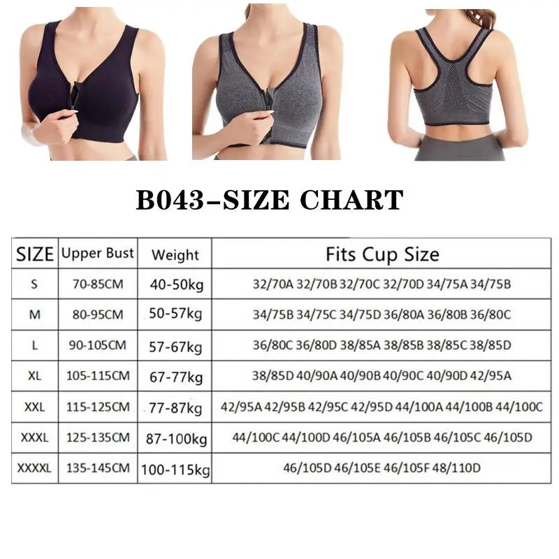 Women's Running Sports Bra – Front Zipper, Shockproof, Seamless & Breathable Bralette Without Underwire