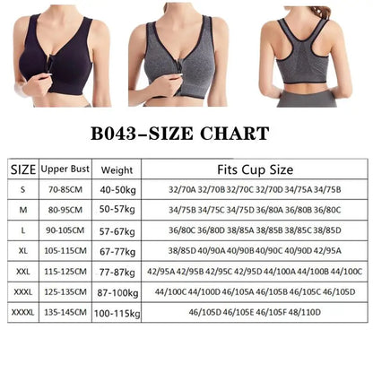 Women's Running Sports Bra – Front Zipper, Shockproof, Seamless & Breathable Bralette Without Underwire