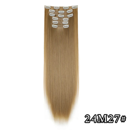 24-Inch 16 Clips-in Hair Extensions – Long Straight Synthetic Blonde & Black Hairpieces, Heat Resistant for Daily Use