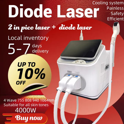 2-in-1 808nm Diode Laser Hair Removal & Picosecond Tattoo Machine – Portable 4000W Q-Switched Device
