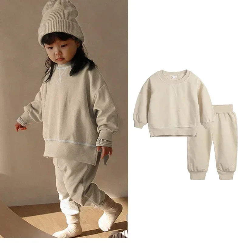 2PCS Kids Clothes Set for 1-7Y - Solid Cotton Pullover Sweatshirt & Pants, Long Sleeve Autumn Outfits for Boys & Girls