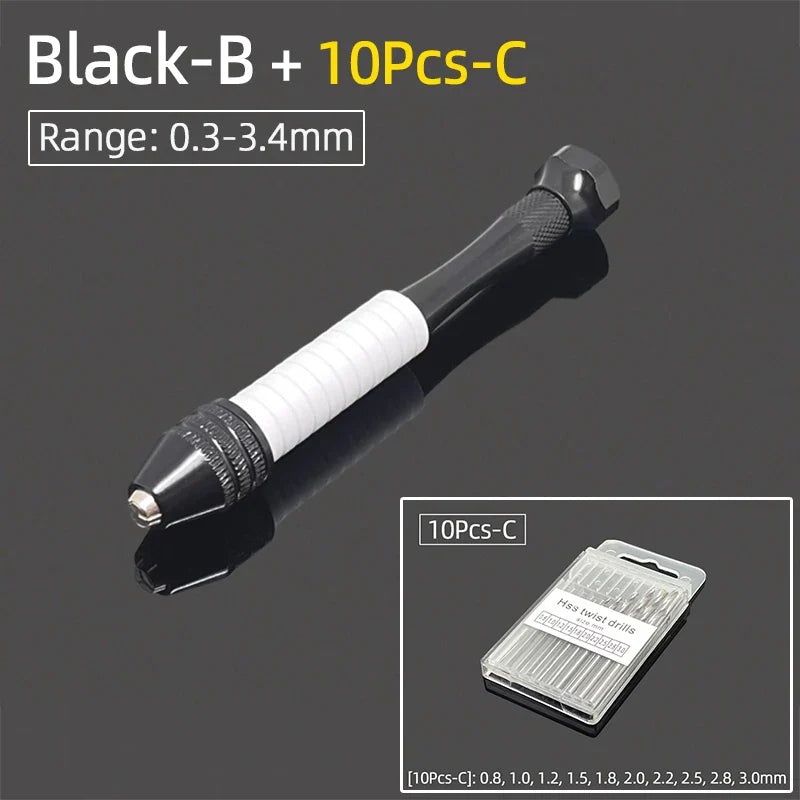 Mini Aluminum Hand Drill 0.3–3.4mm – Keyless Chuck Micro Rotary Tool with HSS Twist Drill Bit Set for Wood & DIY Crafts