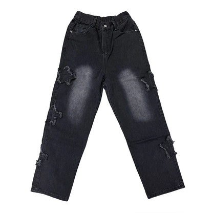 Stars Patchwork Men’s Jeans — Y2K Tassel Straight Hip Hop Streetwear Pants, Korean Fashion Trousers