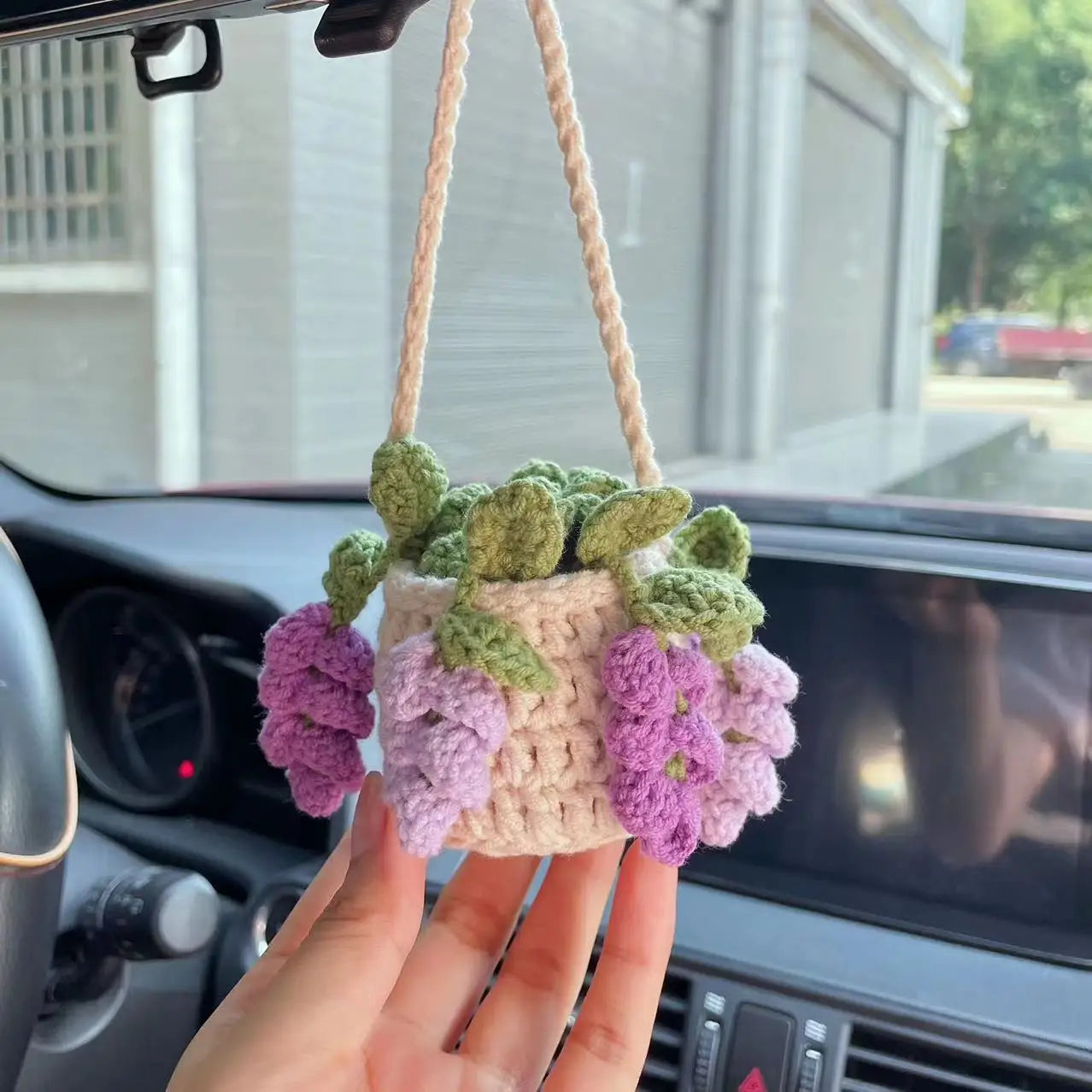Cute Crochet Potted Plants Car Basket – Hanging Car Decor & Rear View Mirror Ornament Accessories
