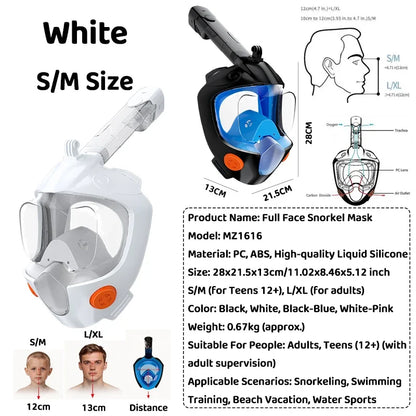 Full Face Snorkel Mask - 180° Panoramic Anti-Fog Dry-Top Leak-Resistant Diving Gear for Adults