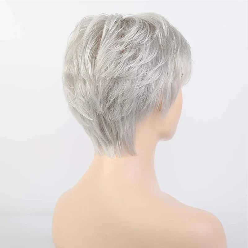 HAIRJOY Short Grey Wigs for Women – Mixed Gray & Silver Curly Wig with Bangs, Synthetic Short Hair Wig for Grandma