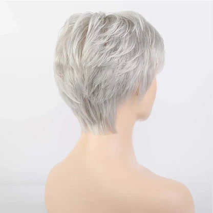 HAIRJOY Short Grey Wigs for Women – Mixed Gray & Silver Curly Wig with Bangs, Synthetic Short Hair Wig for Grandma
