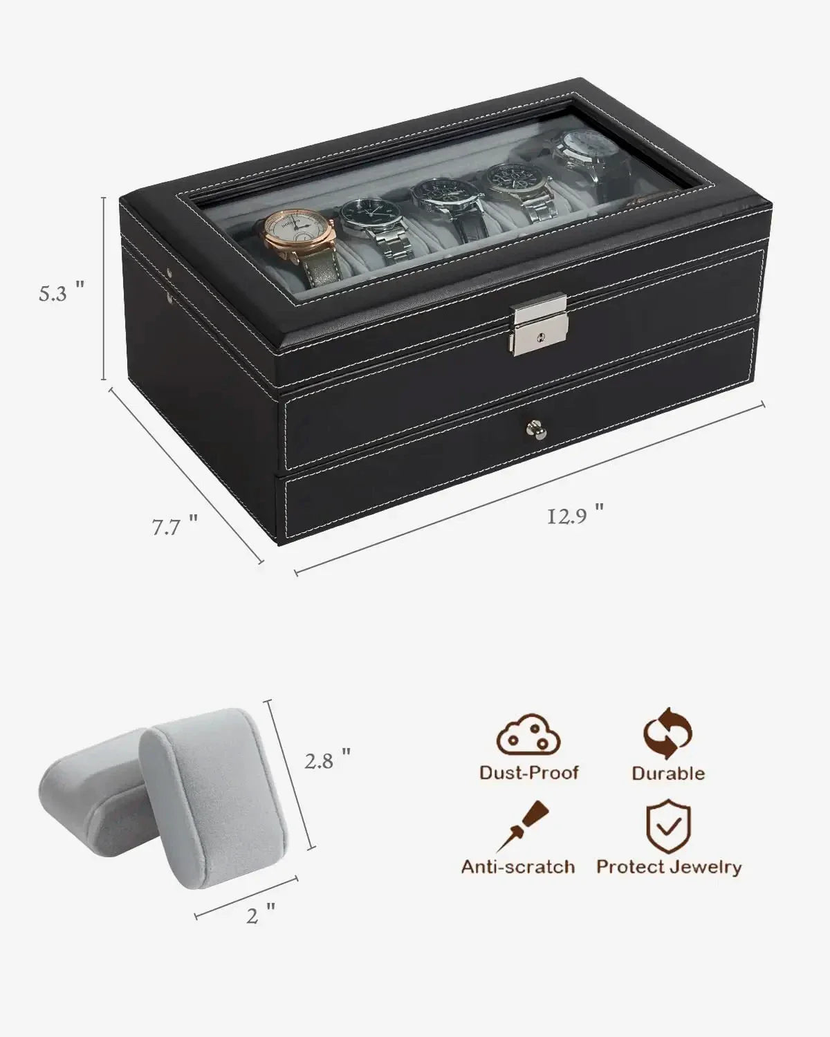 2024 12-Slot Leather Watch Storage Box — Lockable 2-Tier Organizer & Jewelry Display Drawer for Men & Women