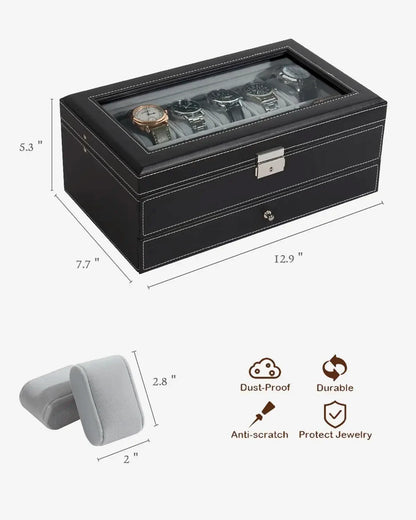 2024 12-Slot Leather Watch Storage Box — Lockable 2-Tier Organizer & Jewelry Display Drawer for Men & Women