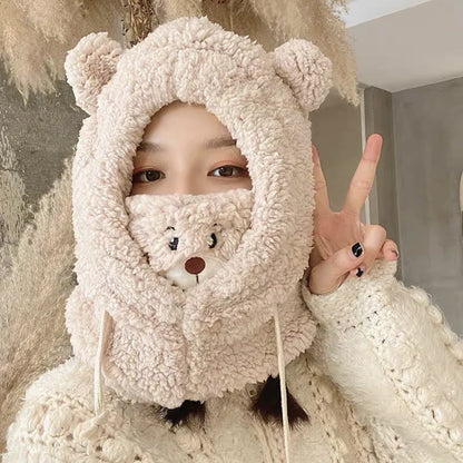 Winter Cartoon Bear Lamb Hat with Mask – Thickened Warm Beanie with Ear Protection for Women & Girls