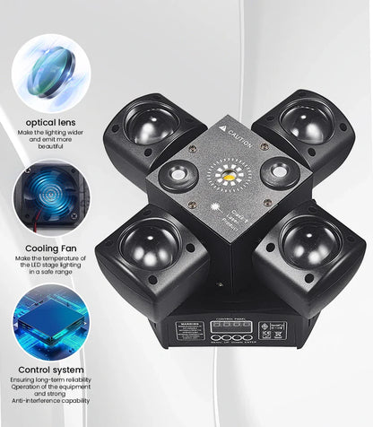 48W 4-Arm Mini Moving Head DJ Light – RGBW LED Disco Strobe with DMX512 for Party, Nightclub & Stage Effects