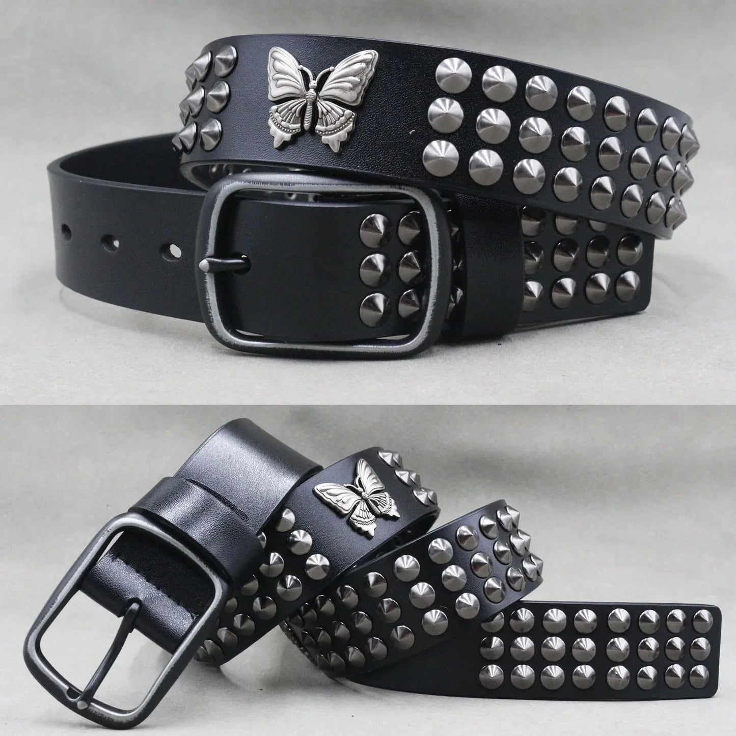 Men’s Designer Rivet Belt – Genuine Cowhide Leather Punk Rock Pin Belt for Jeans, Luxury Black Leather Belt