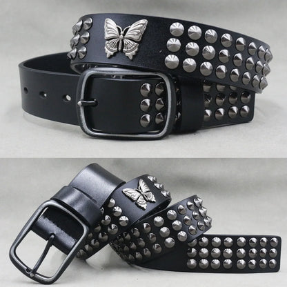 Men’s Designer Rivet Belt – Genuine Cowhide Leather Punk Rock Pin Belt for Jeans, Luxury Black Leather Belt