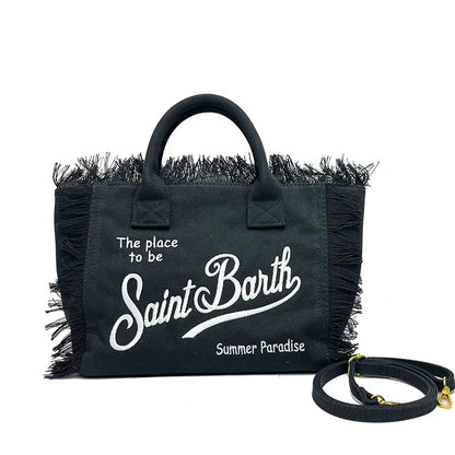 SAINT BARTH Houndstooth Crossbody Bag – Small Cotton Linen Handmade Tote with Tassels for Women