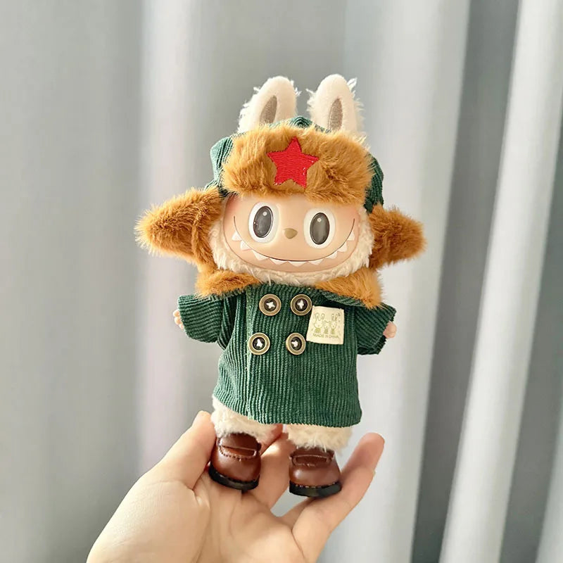 17cm Labubu Monster Doll Clothes – DIY Army Green Coat & Red Star Hat Outfit Accessories