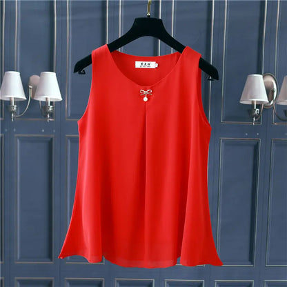 Women's Chiffon V Neck Blouse - Loose Sleeveless Plus Size Fashion Top M-5XL