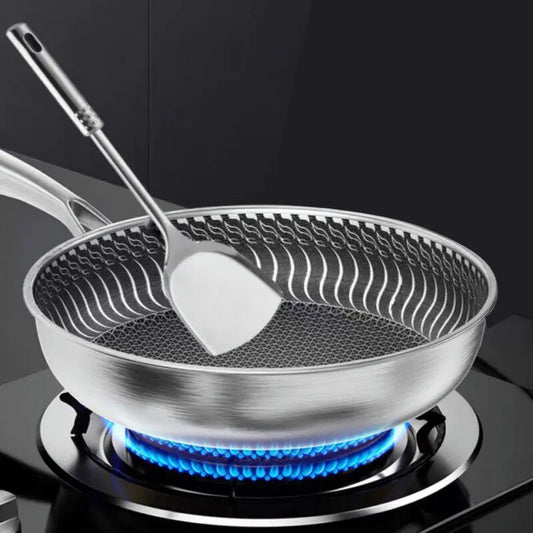 Tri-Ply 316 Stainless Steel Wok Pan with Double-Sided Honeycomb Skillet - Suitable for All Stoves