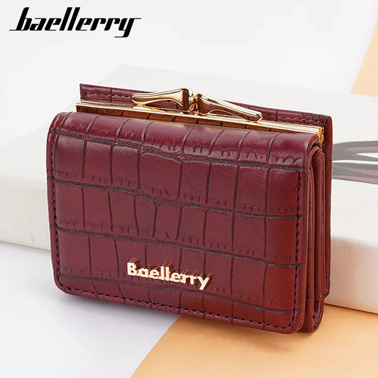 Baellerry Short Women’s Wallet — Crocodile Pattern Coin & Card Holder with Photo Slots, Hasp Purse for Girls