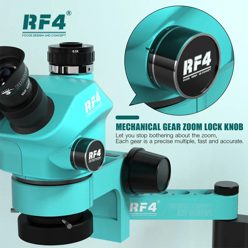 RF4 Trinocular Stereo Microscope Set – 360° Rotation Articulating Arm Stand, Phone Soldering & PCB Repair, Model RF7050TVPRO-F019