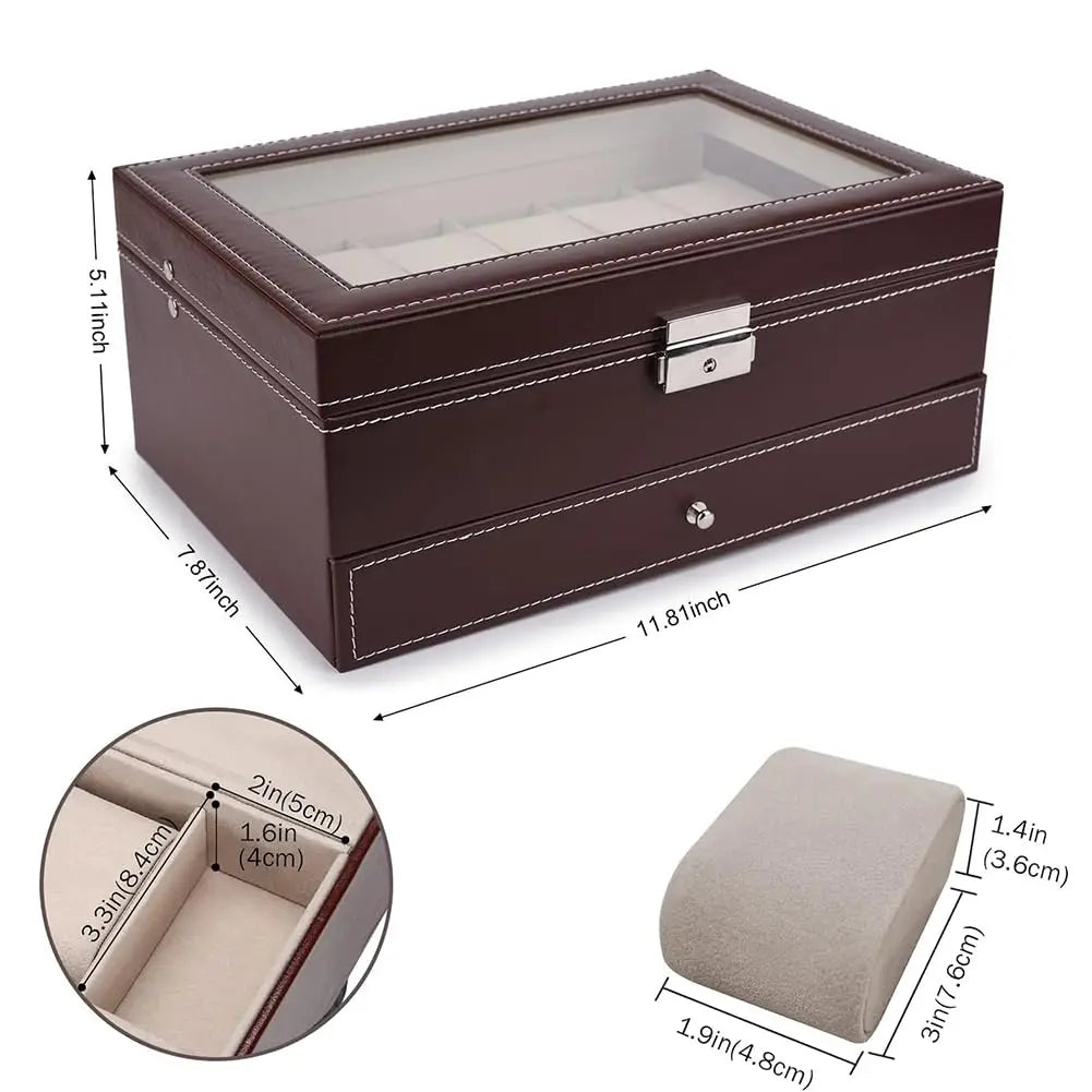 2024 12-Slot Leather Watch Storage Box — Lockable 2-Tier Organizer & Jewelry Display Drawer for Men & Women