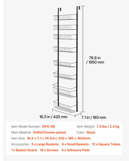 SucceBuy 6/8/9-Tier Over-the-Door Pantry Organizer – Heavy-Duty Steel Hanging Spice Rack & Wall Basket Shelves
