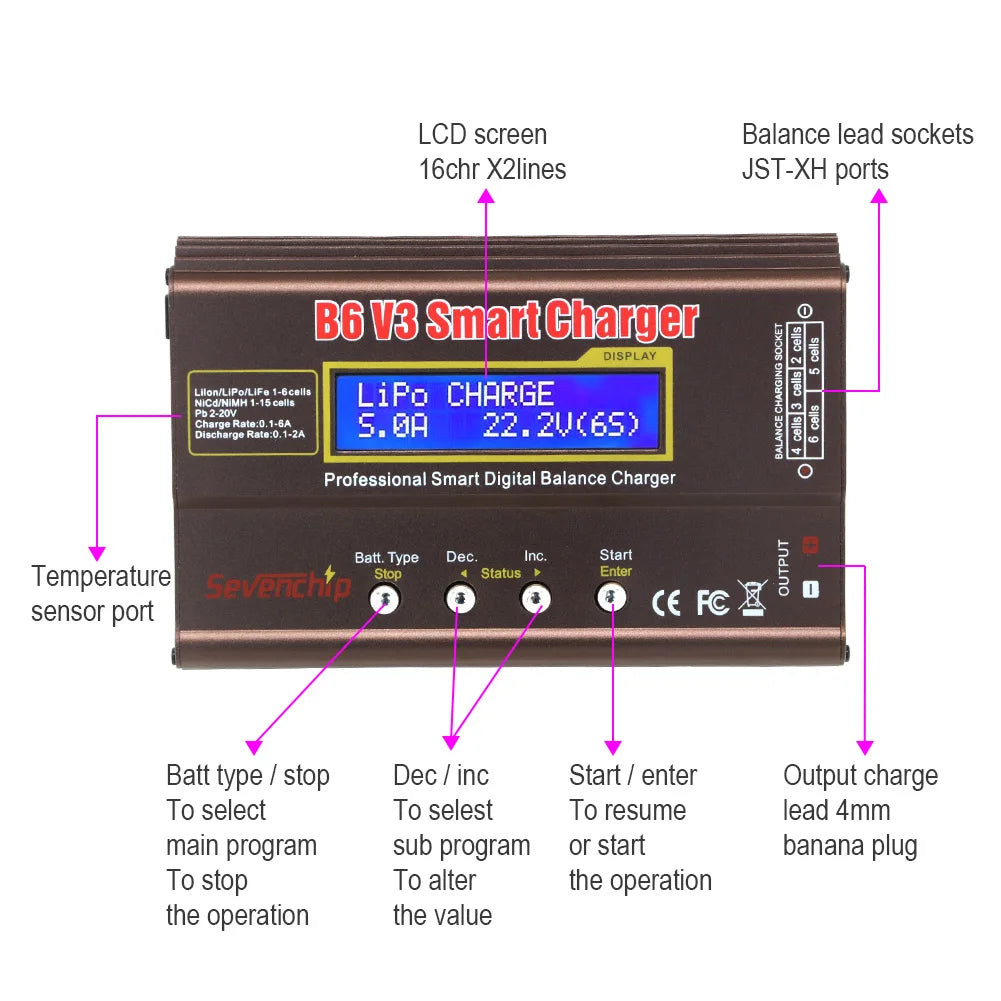 iMAX B6 V3 80W 6A Battery Charger – LiHv, Lipo, NiMh, Li-ion, Ni-Cd Digital RC Charger with 12V 5A Adapter