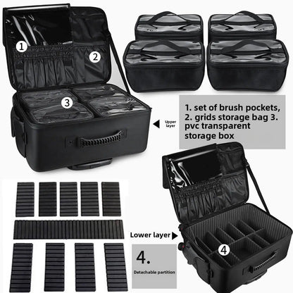 Large Capacity Makeup Trolley Case – Multi-Functional Rolling Organizer Bag in Oxford PU for Beauty, Nail Art, Tattoo & Professional Use