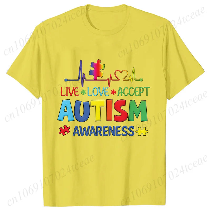 Women’s Live Love Accept Autism Awareness T-Shirt – Graphic Y2K Summer Top for Autism Awareness Month