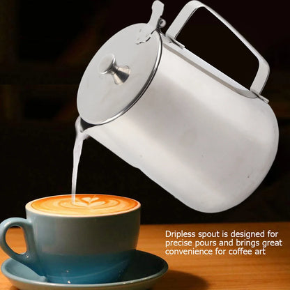 Stainless Steel Coffee Mug & Milk Frothing Pitcher with Lid – Latte Art Barista Cup for Coffee & Milk Drinks