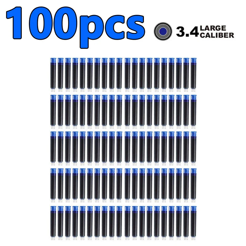 50/100pcs Fountain Pen Ink Cartridges – Black, Blue & Red Refill Set (2.6/3.4mm Bore) High-Quality