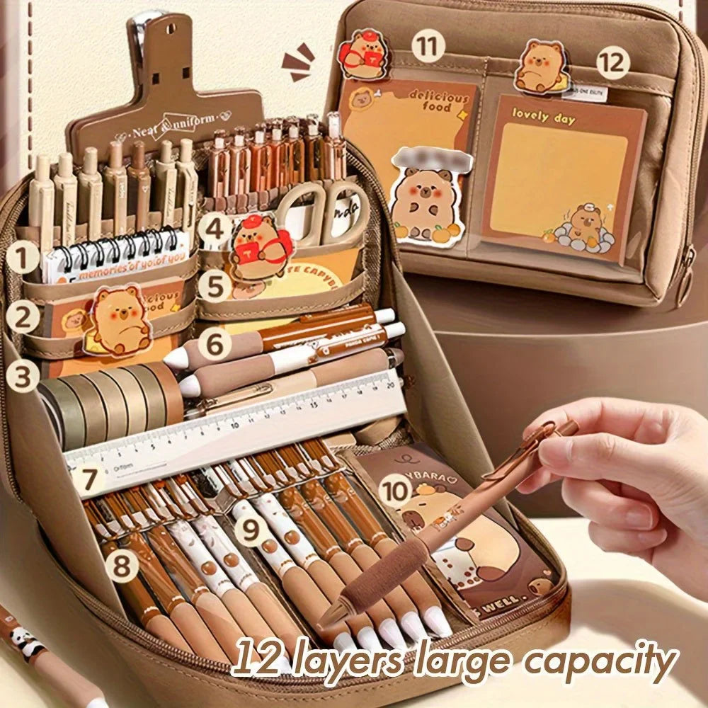 Cute Capybara Stationery Set – Student Gift Pack with Soft Grip Pens, Notebook, Pencil Case & School Study Essentials