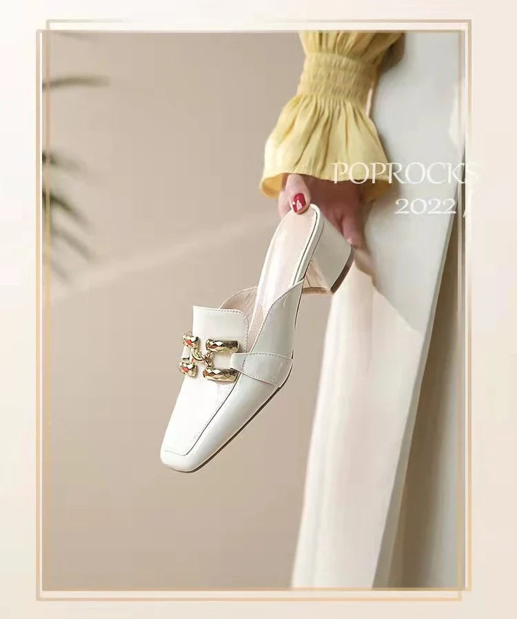 Fashion Women’s Half Slippers — Outdoor Med-Heeled Slides with Toe Chain Decoration, Luxury Square Heel Sandals 2023