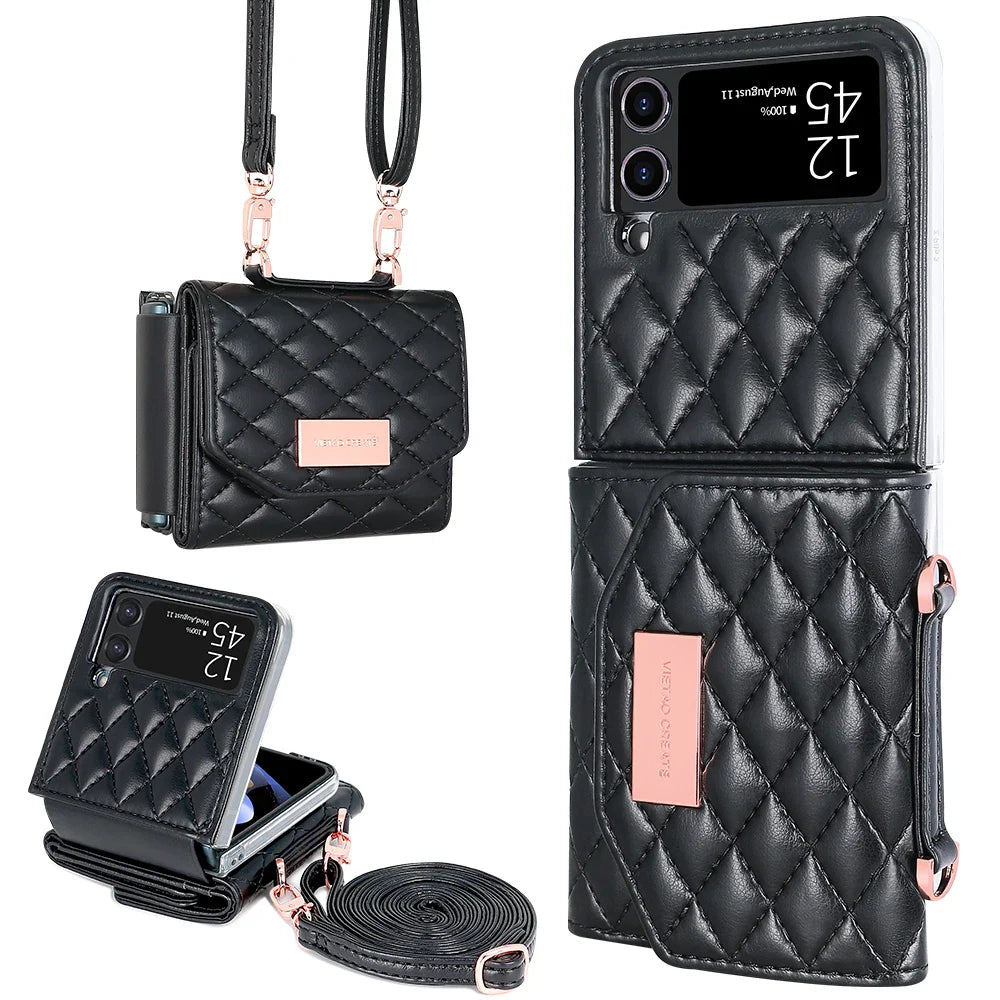 VIETAO Leather Wallet Phone Case with Crossbody Strap — Pink Purse Case for Samsung Galaxy Z Flip 3/4/5/6/7