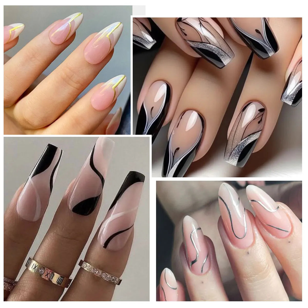 Nail Liner Gel Polish Set - 4-Piece Black, White, Gold & Silver DIY Nail Art Kit