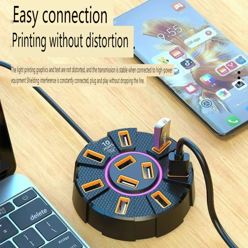 10-Port USB 2.0 Hub Adapter - High-Speed Multi USB Splitter & 7-Port Expander for PC and Laptop