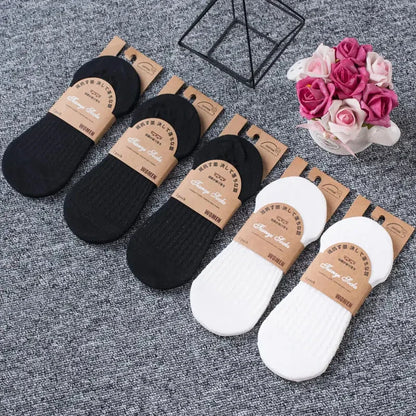 5 Pairs Women's Silicone Invisible Boat Socks - Summer Solid Color Ankle Socks, Soft Cotton Slipper, Size 35-40 EUR