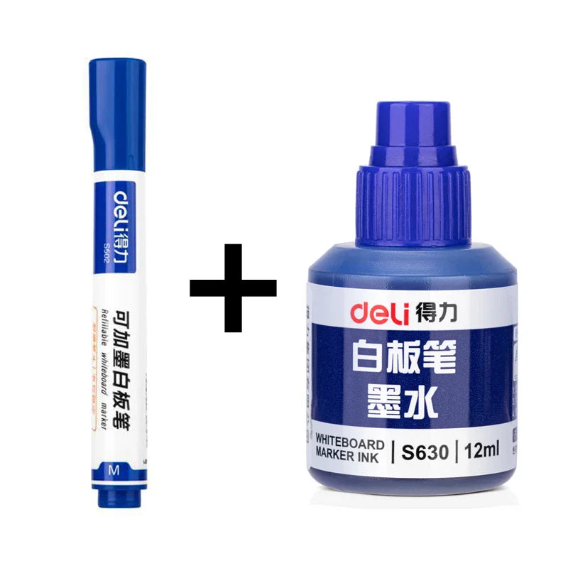 Deli Erasable Whiteboard Marker Pen Set – Dry Erase Office Marker with Ink Bottle, Blue/Black/Red for Whiteboard & Blackboard