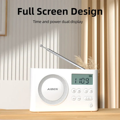 AIBEN C5S Mini Portable Radio — Handheld Rechargeable Digital FM Radio with USB Charging Port & Built-In Speaker