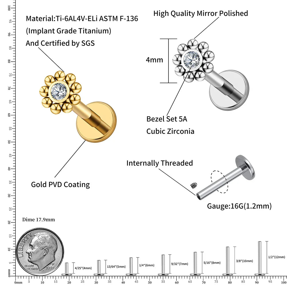 Right Grand ASTM F136 Titanium 16G Mini Beaded Sun Labret Stud CZ Flower – Tragus, Helix, Conch & Nose Piercing Body Jewelry