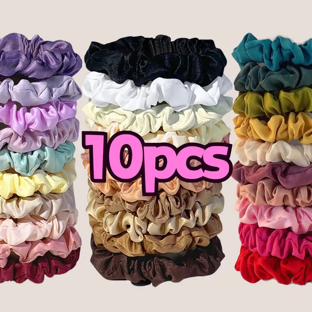 10pcs Satin Hair Scrunchies Set – Colorful Women’s & Girls’ Hair Bands, Soft Fabric Hair Ties