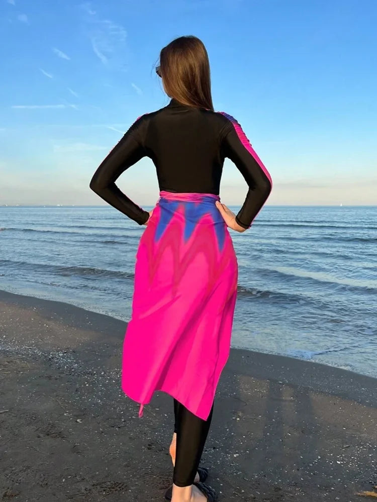 Women’s Muslim Burkini Swimsuit – Long Sleeve Zipper UV Sun Protection Modest Swimwear Gradient Sunset Red Orange Purple Beachwear