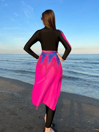 Women’s Muslim Burkini Swimsuit – Long Sleeve Zipper UV Sun Protection Modest Swimwear Gradient Sunset Red Orange Purple Beachwear
