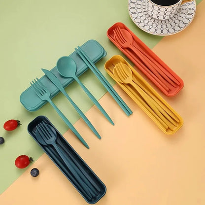 4-Piece Portable Utensils Set - Eco-Friendly Wheat Straw Cutlery - Reusable Chopsticks, Fork, Knife, Spoon