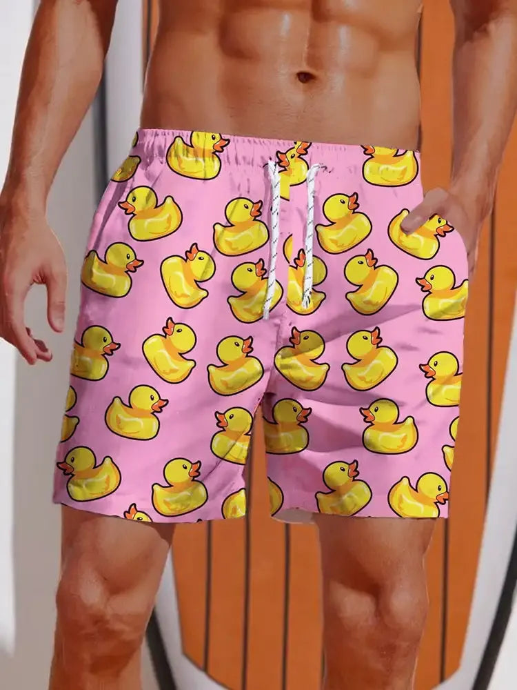 Men's Yellow Duck Hawaiian Swim Shorts - 3D Print Breathable Elastic Waist Summer Trunks