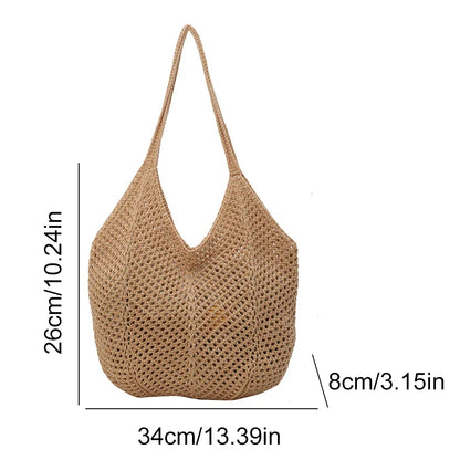 Fashion Women’s Hollow Woven Shoulder Bag – Large Capacity Crochet Tote, Solid Knitting Mesh Handbag for Summer & Beach