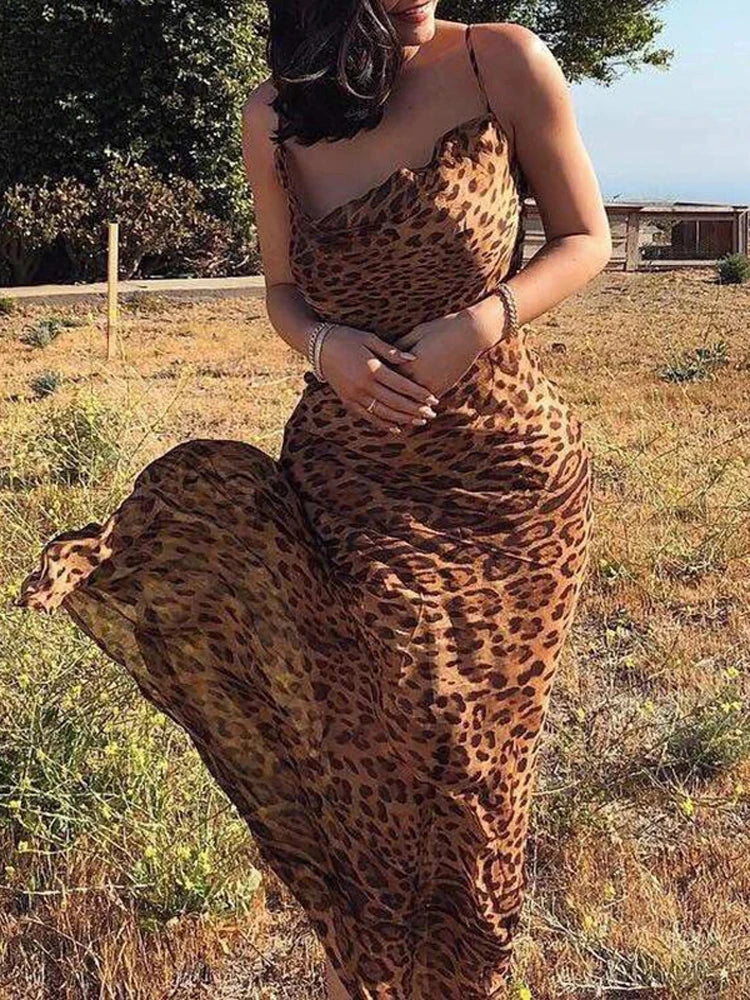 Julissa Mo Leopard Print V-Neck Bodycon Long Dress - Lace Up Backless Summer Dresses for Women, Straps Party Beach Vestidos