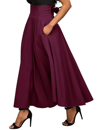 Women’s Solid Color A-Line Skirt – High Elastic Waist Long Elegant Skirt with Bow Detail Casual Fashion Skirt for Women Clothing